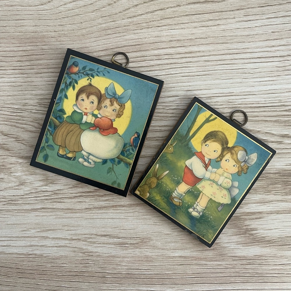 Vintage wooden wall plaques boy and girl